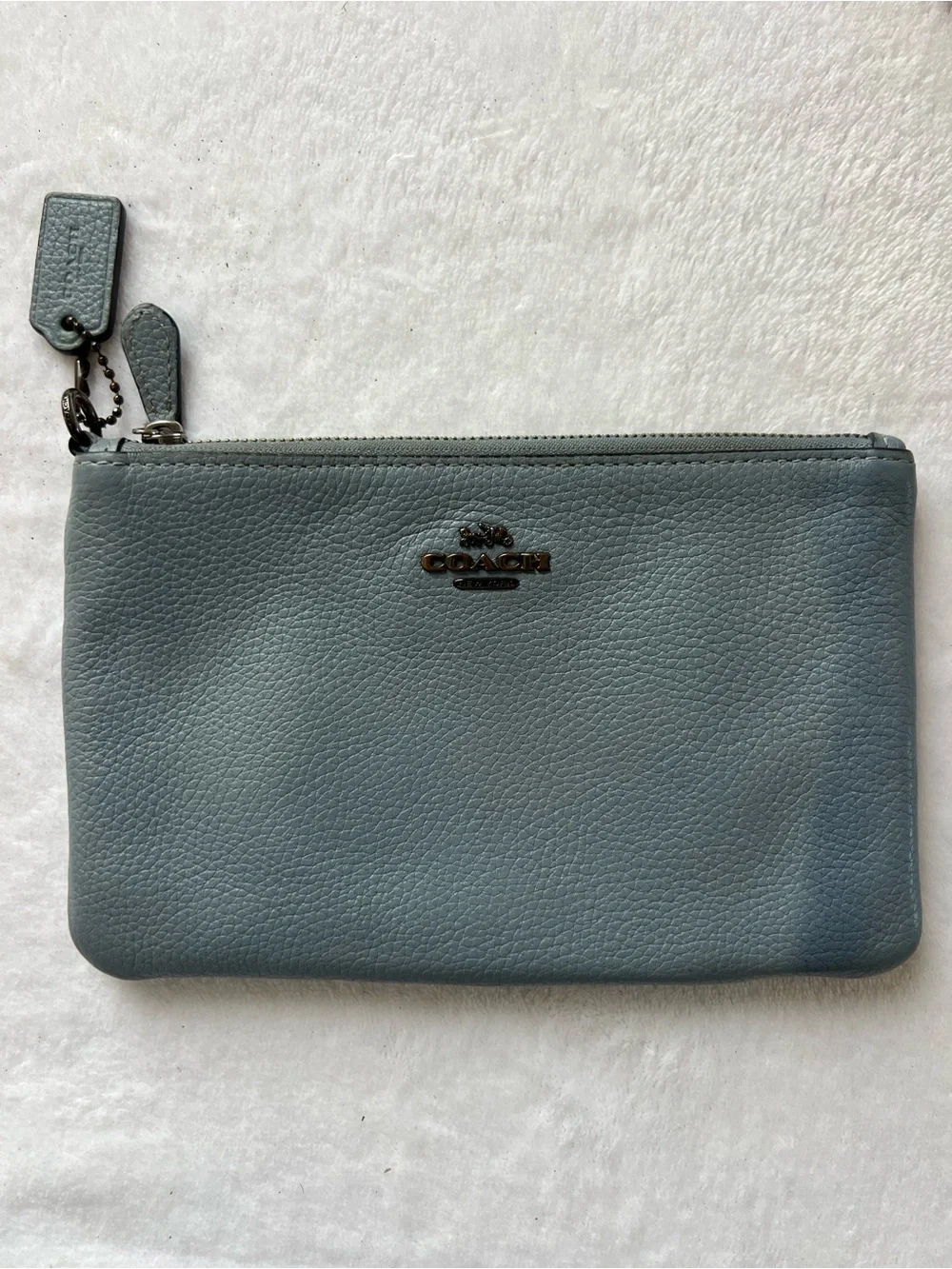 Coach Leather Women Wristlet in Slate Blue with Metallic Hardware Coin Purse